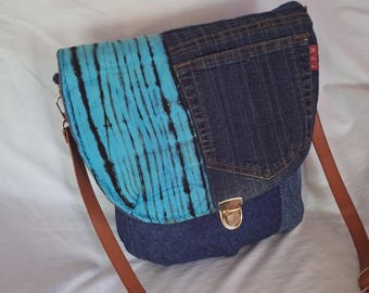 blue African wax recycled denim shoulder bag, satchel closure