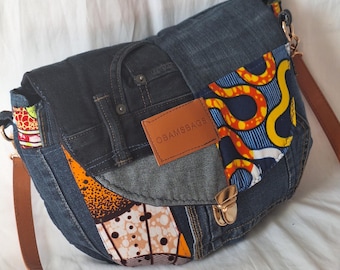 Shoulder bag made from recycled denim, colorful African wax patchwork, satchel closure