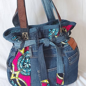women's tote bag made from recycled denim, chic colorful wax print