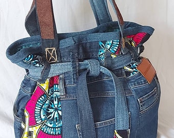 women&#39;s tote bag in recycled jeans, chic colorful wax