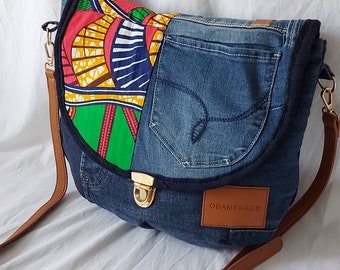 recycled denim shoulder bag with green wax pattern, satchel closure
