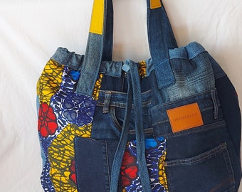 Tote bag made from recycled jeans and floral wax, weekend and travel bag, large denim bag for the office or school.