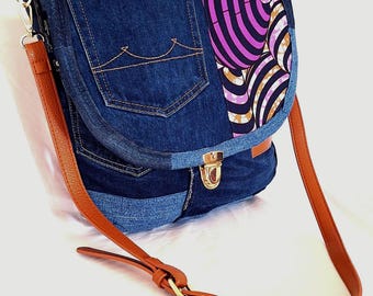 shoulder bag in recycled jeans, pink African wax, satchel closure