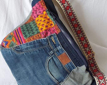 XL shoulder bag made from recycled jeans with added multi-colored wax print