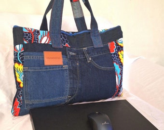 Recycled denim computer bag, floral wax