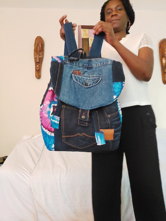 Handmade Recycled Denim Backpack, Blue Red African Wax, Custom
