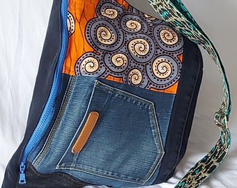 XL fanny pack made from recycled jeans with added orange wax print
