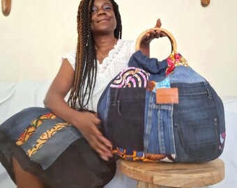 Original bag made from recycled jeans, colored wax fabric scraps, wooden handles (rattan)