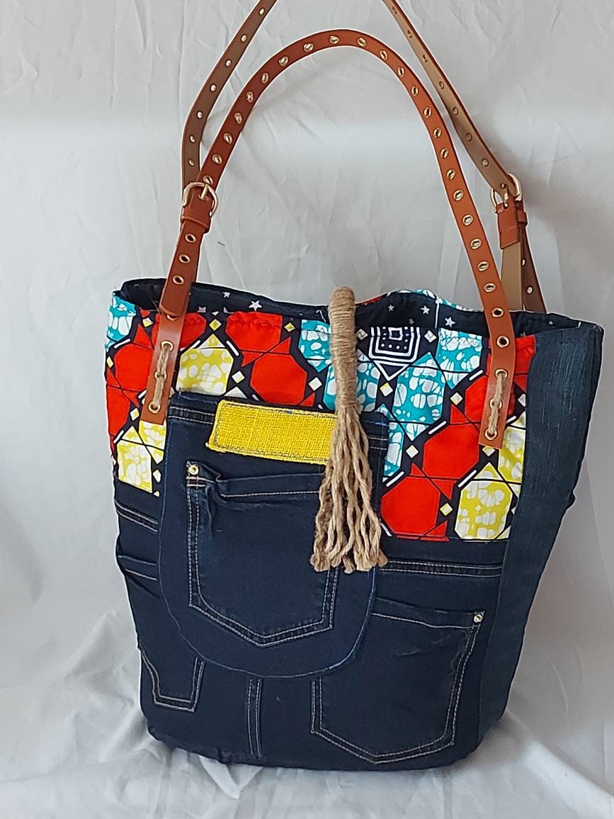 Women's Recycled Jeans Tote Bag Colorful African Wax and 