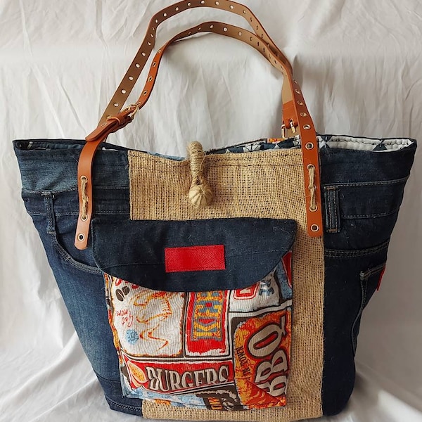 sac cabas en jeans recyclés et tissu coloré motifs "diner américain", ceintures en anses