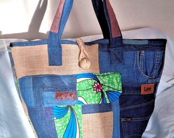 Bag with old jeans, floral wax fabrics and jute, leather handles and hand-woven jute cord