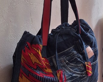 Tote bag made from recycled jeans and red colored wax, large bag, large denim bag for the office, school.