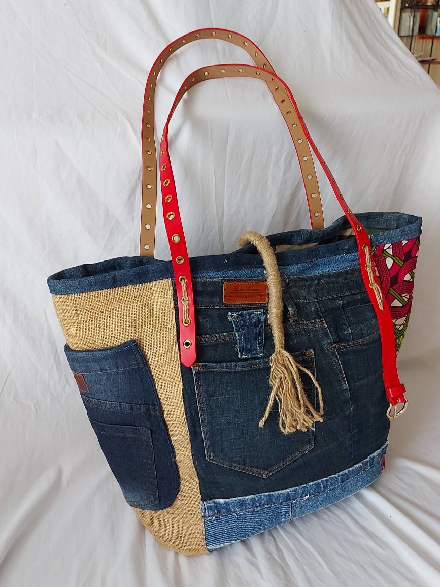 Women's Recycled Jeans Tote Bag Colorful African Wax and 