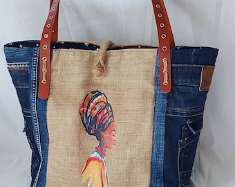 Homemade Jean Handbag, Natural Burlap, African Women with Handwoven Cord