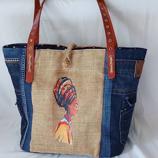 Sac à main en Jean fait maison, toile de jute naturelle, femmes africaines avec cordelette tissée à la main