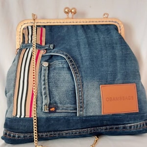 Women's recycled denim clutch handbag, vintage gold metal frame closure