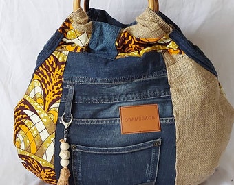 Women's recycled jeans bag, yellow colored wax and natural jute, rounded shape, solid RATTAN handles.