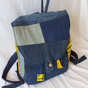 Sac à dos en jeans recyclés fait main, wax  africain jaune
