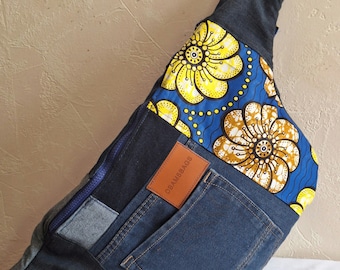 Large fanny pack made from recycled denim with blue floral wax print