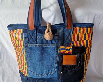 Tote bag made from recycled denim, Eco-friendly tote bag with yellow wax fabric, Handmade.