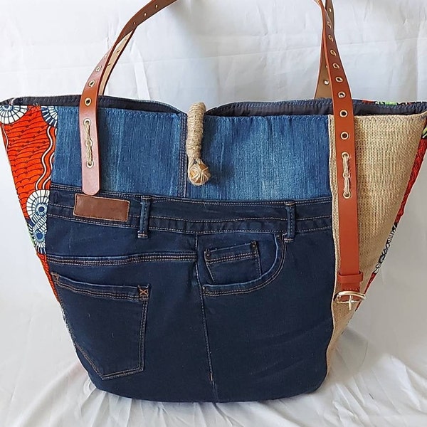 Couture sac cabas femmes en Denim bleu, toile jute et toile de cire orange, fermée avec cordelette tissée à la main