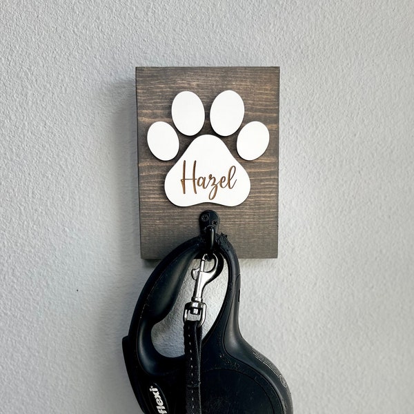 Dog Leash Holder Personalized, Dog Leash Holder for Wall, Dog Lover Gift, Entryway Organizer with Hooks, Dog Sign with Name