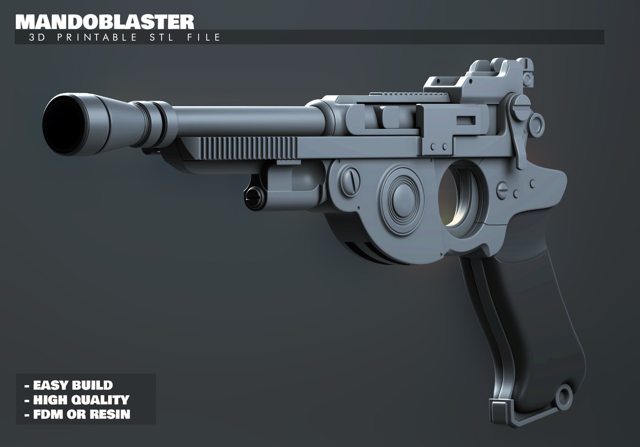 Mandalorian Inspired Fan Art Blaster Pistol 3D Print STL File Replica