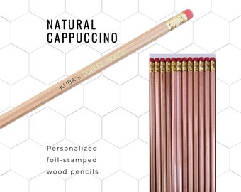 Custom Wood Pencils (Natural Cappuccino colour). Personalized with eye-catching metallic foil. A fun, unique gift for all occasions.