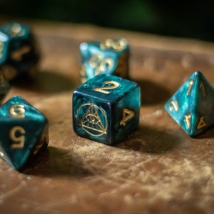 Pan's Luck - Deep Forest Green with Gold Inking - Unique Clockwork Arcana Dice Set for D&D, Pathfinder, Tabletop RPG Games