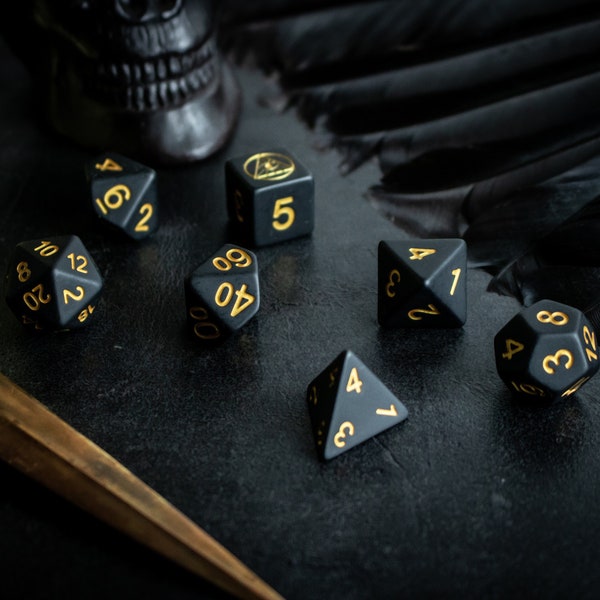 Eye of Raven - Matt Black with Gold Inking - Unique Clockwork Arcana Dice Set for D&D, Pathfinder, Tabletop RPG Games