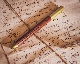 Runic Pen - Engraved Mahogany and Brass - Gel Ink - Ideal Gift for D&D, Tabletop RPGs, Writers, Artists
