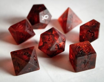 Rallion's Hellscape - Red Blast Glass - Precious Gemstone Dice Set for D&D, Pathfinder, Tabletop RPG Games