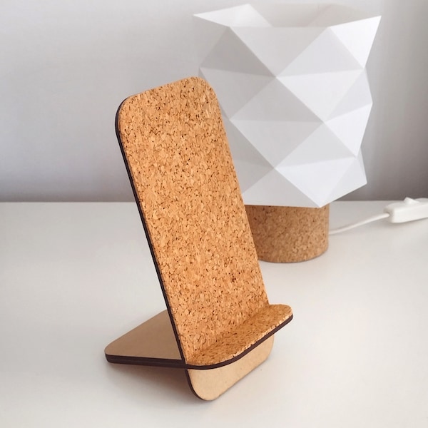 Cork phone stand . Tabletop . Smartphone holder . Docking station . Desktop . Tech gift