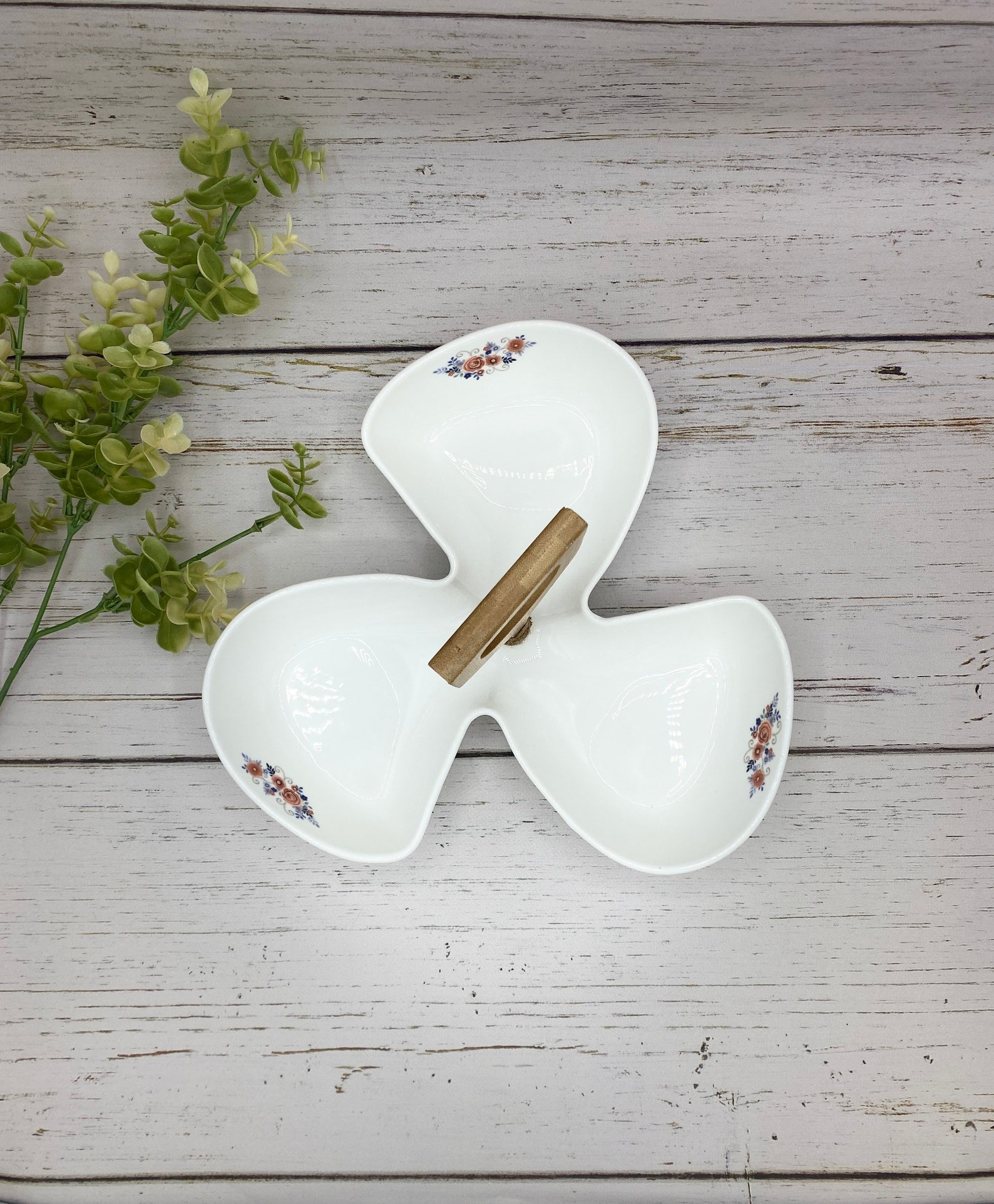 3 Compartment White Ceramic Serving Bowl With Wood Handle. Etsy