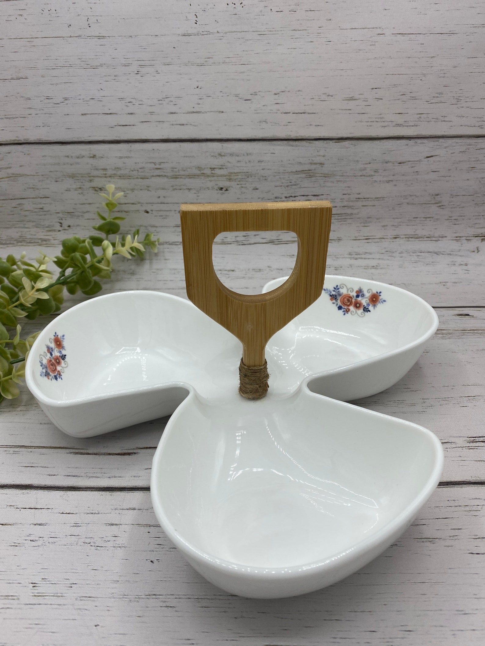 3 Compartment White Ceramic Serving Bowl With Wood Handle. Etsy