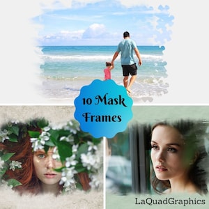 Puede incluir: Un diseño gráfico digital que presenta una escena de playa con un padre y un niño, una mujer con flores y una mujer mirando por una ventana. La imagen incluye un emblema azul y blanco que dice "10 Mask Frames" y el logotipo de LaQuadGraphics.
