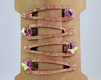 Rose Gold Glitter Epoxy Snap Barrettes with Sparkling Rhinestones - Handmade Gold Hair Accessories