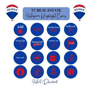 55 Red, Blue and White Real Estate Instagram Highlights, Perfect for Remax Agents, IG Icon Covers
