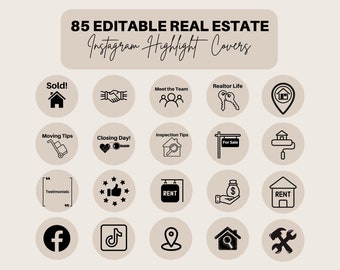 85 Editable Real Estate Instagram Highlight Covers | Neutral IG Story Covers | Realtor Icons | Social Media Icons