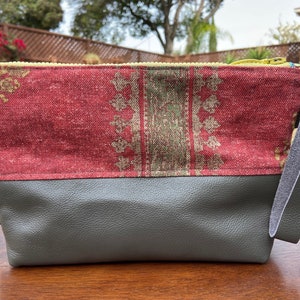 Bolsa grande de pulso/embreagem com estampa estilo vintage e couro cinza, bolsa forrada com zíper, bolsa para cosméticos, viagem e organização