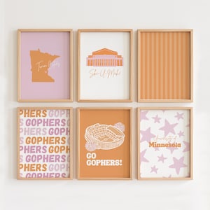 Gophers-muurkunst van de Universiteit van Minnesota voor slaapzaal |  Afdrukbare set van 6 in oranje en roze | College drukt kunstwerk af voor trendy interieur appartement