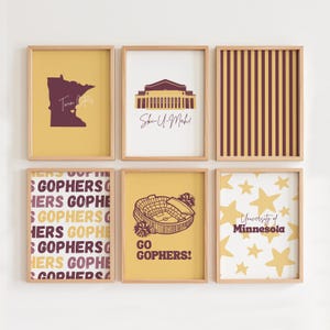 University of Minnesota Gophers Wall Art for Dorm Printable Set of 6 in Maroon & Gold College Prints Artwork for Apartment Trendy Decor