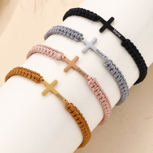 Pulsera con nombre cruzado Pulsera de cuerda trenzada ajustable Pulsera personalizada con nombre personalizado Regalos cristianos para regalo de bautizo para ella