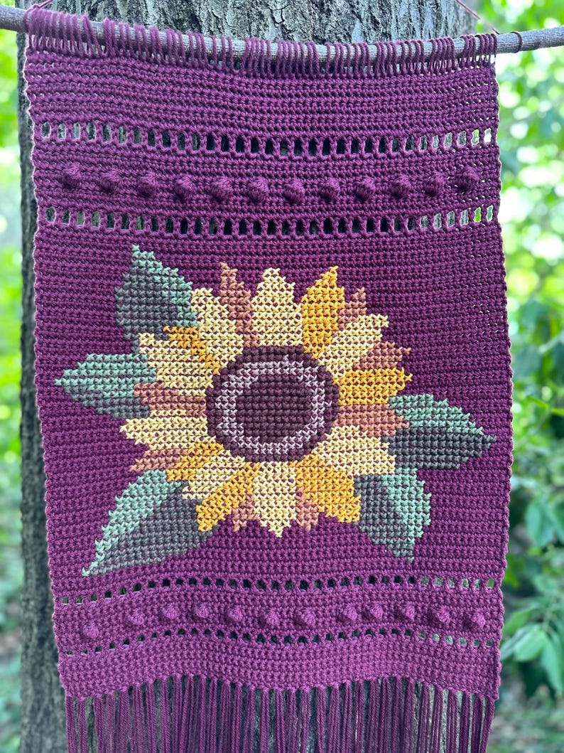 Sunflower Wall Hanging crochet pattern listing photo by HaleyHandcraftedShop