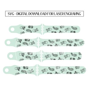 Pu&ograve; includere: Quattro diversi design per un cinturino Apple Watch con un motivo ripetuto di cactus in vaso in nero su sfondo verde chiaro.  SVG - DOWNLOAD DIGITALE PER INCISIONE LASER