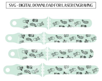 May include: Four different designs for an Apple Watch band featuring a repeating pattern of potted cacti in black on a light green background.  SVG - DIGITAL DOWNLOAD FOR LASER ENGRAVING