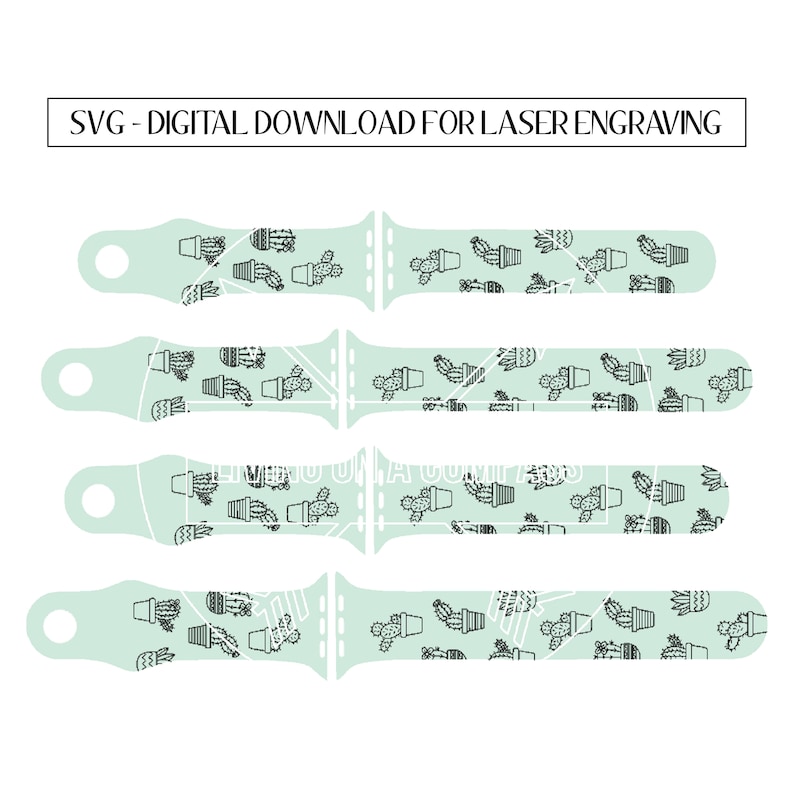 Pu&ograve; includere: Quattro diversi design per un cinturino Apple Watch con un motivo ripetuto di cactus in vaso in nero su sfondo verde chiaro.  SVG - DOWNLOAD DIGITALE PER INCISIONE LASER