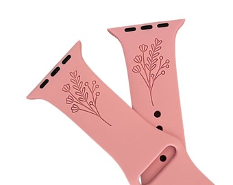 Wildflower Bouquet Apple Watch Band, Engraved Botanical Silicone Strap, Flower Gift for Her, Series 1–11, SE & Ultra