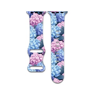 Hydrangea floral watch band compatible with apple watch series 1-9, 38mm, 40mm, 41mm, 42mm, 44mm, 45mm, 49mm, se, se2, ultra, ultra 2