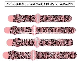 May include: Four pink and black patterned Apple Watch bands with a sugar skull design. SVG - DIGITAL DOWNLOAD FOR LASER ENGRAVING.